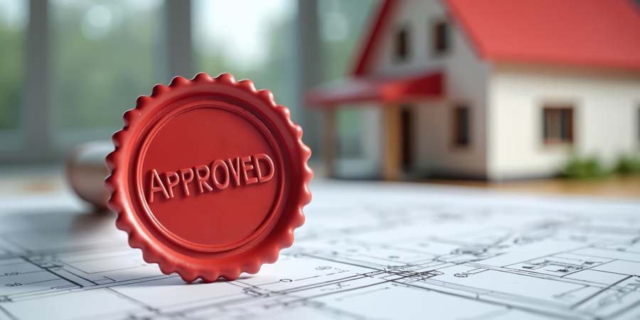 「APPROVED」と刻印された承認スタンプと住宅模型のイメージ写真