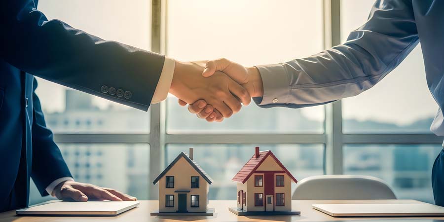 不動産担保ローンの契約成立をイメージした握手と住宅模型の写真