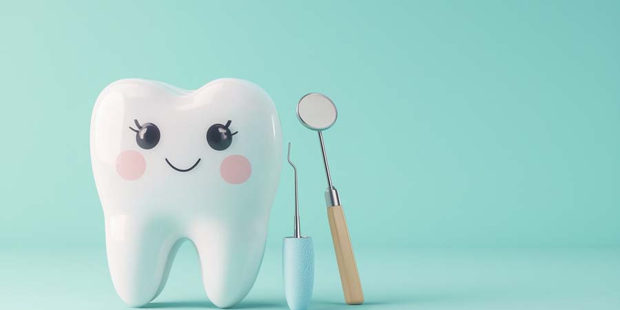 デンタルローンのメリットを表す歯科治療のイメージ 歯のキャラクターと歯科器具