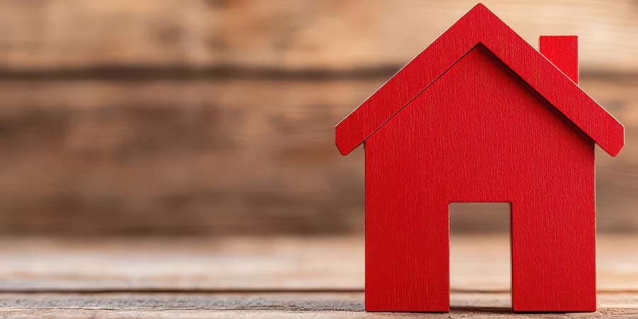 赤い家の模型。住宅や不動産を象徴し、注意やリスクをイメージさせる画像
