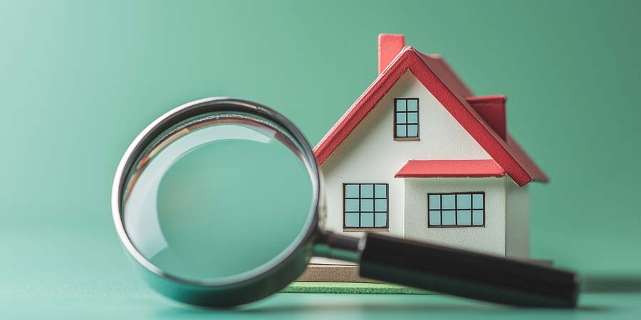 家の模型に虫眼鏡を重ねた構図。不動産や住宅ローンの検討を表すイメージ画像