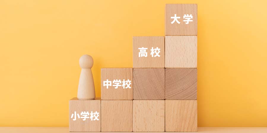 小学校から大学までの進学段階を示す積み木の階段に、木製の人形が立っている写真。教育費の推移や進学のステップを表現したイメージ