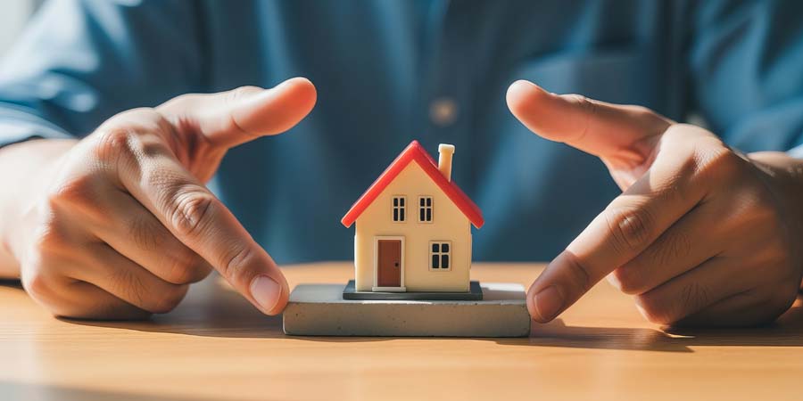 不動産を担保に資金を借りる仕組みを示す住宅模型と手のイメージ画像