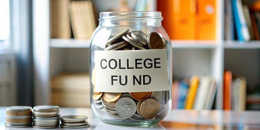 「COLLEGE FUND」と書かれたラベルが貼られたガラス瓶にコインを貯めている教育資金のイメージ写真