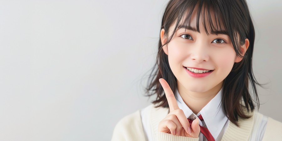 制服姿の女子高生が笑顔で人差し指を立てているイメージ画像