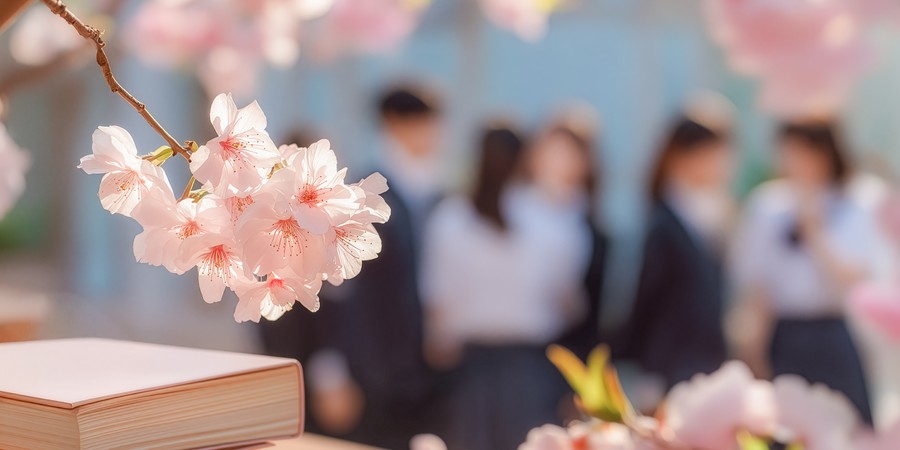 入学金以外にかかる初年度の費用をイメージした、桜と新入生の写真