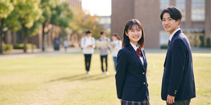 大学のキャンパスで微笑む高校生の男女の画像